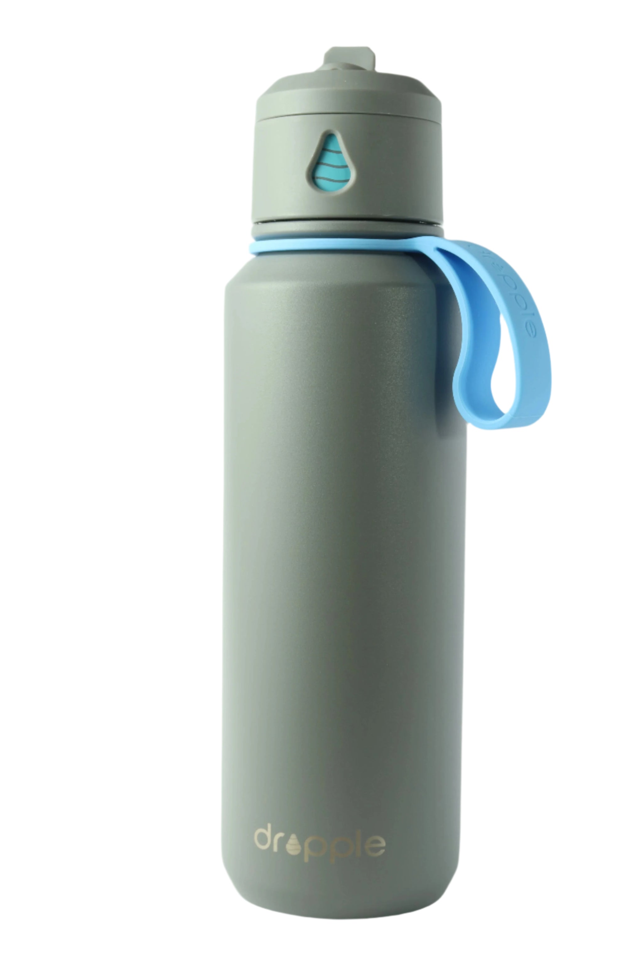 Gray water bottle with blue cap on a white background