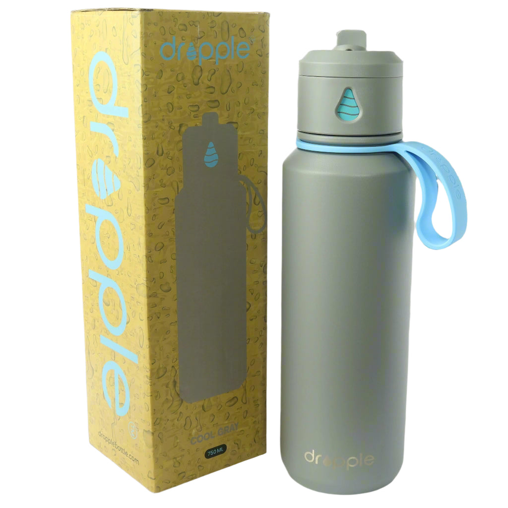 Gray water bottle with blue handle next to its packaging on a white background