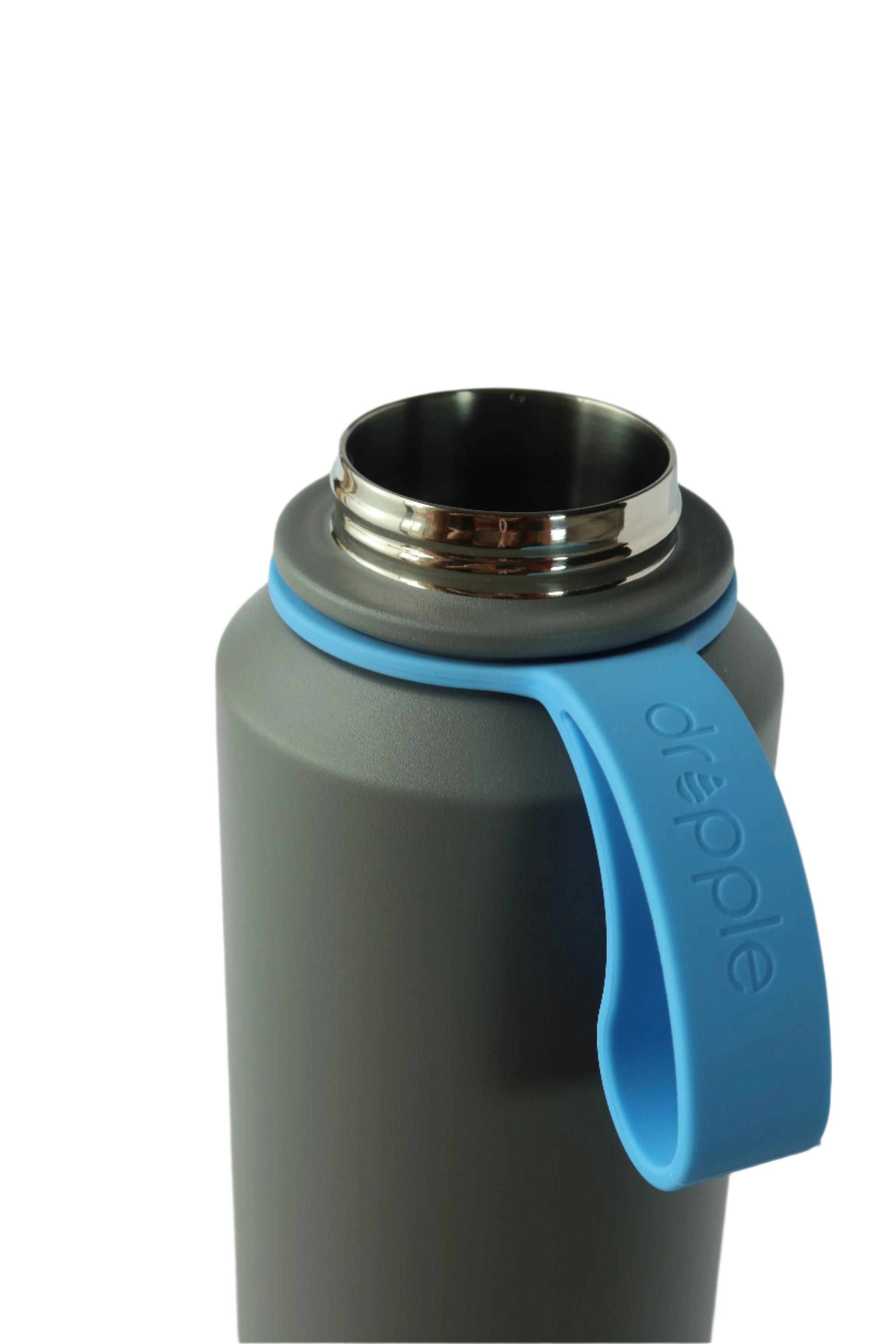 Close-up of a water bottle with a blue handle and 'dropple' branding on a light gray background.