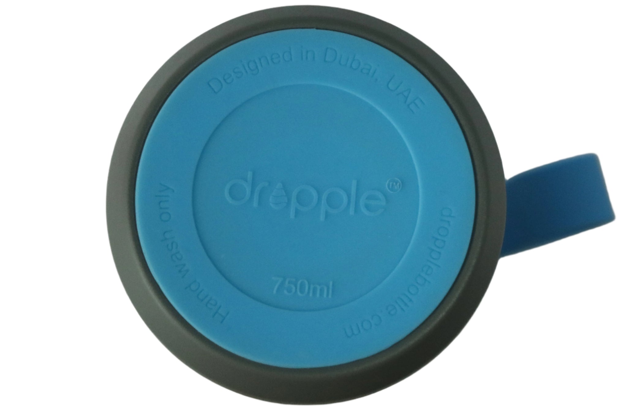 Blue and black nottom of bottle pad with 'dropple' branding on a light gray bottle
