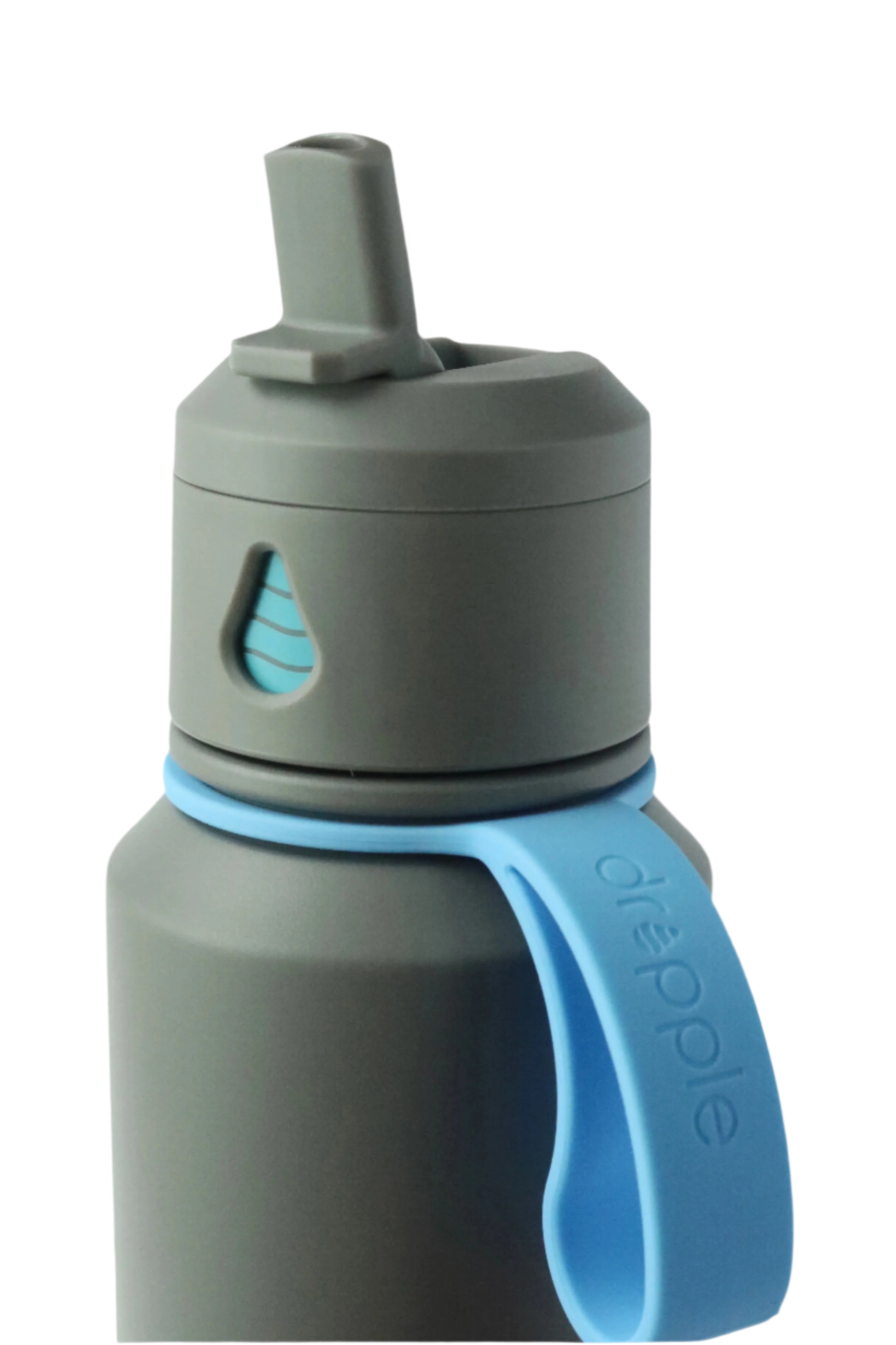 Gray and blue water bottle with 'dropple' branding on a light gray background
